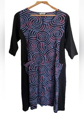 Dress Like Marie Lagenlook Black Blue Cotton Swirl Art To Wear Shift Dress Nepal